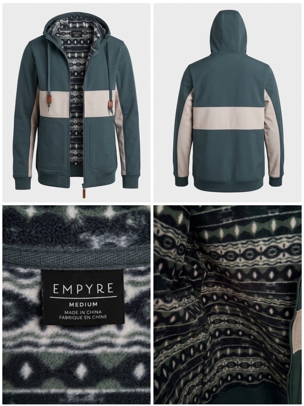 Empyre Men’s Teal Green and Cream Zip-Up Hooded Sweater